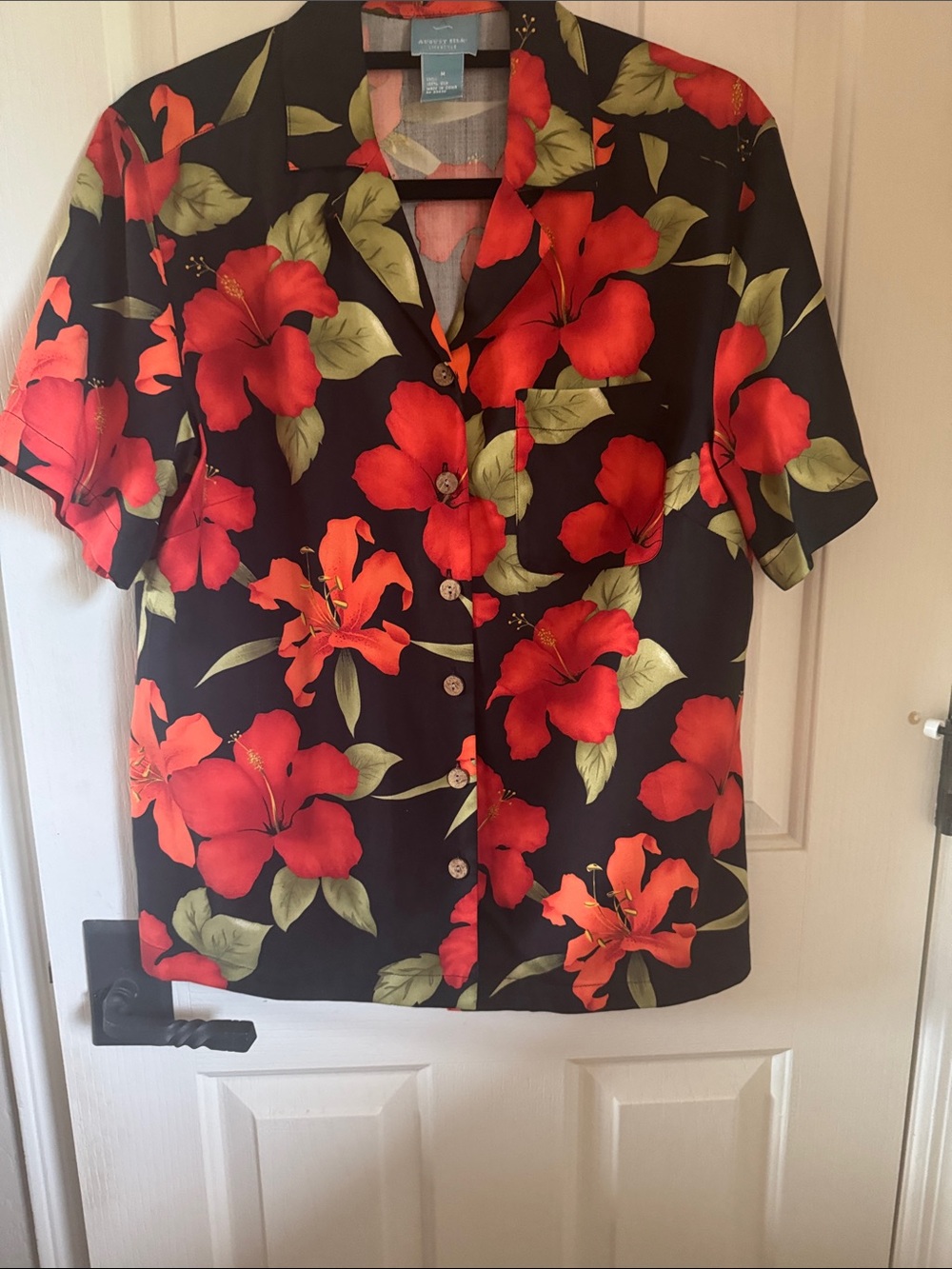 Tommy Bahama Black Button-Front Shirt with Red Floral Print